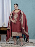 Designer Maroon Silk Suit with Intricate Coding Sequence Work