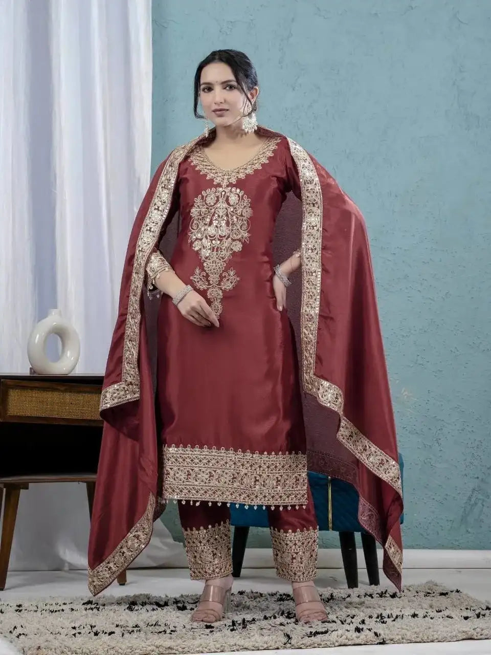 Designer Maroon Silk Suit with Intricate Coding Sequence Work