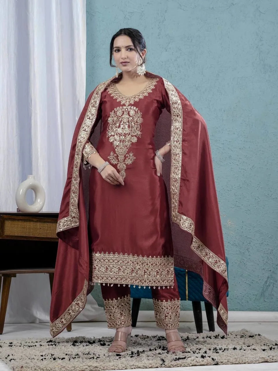 Designer Maroon Silk Suit with Intricate Coding Sequence Work