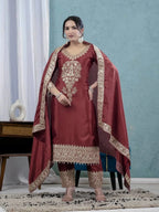 Designer Maroon Silk Suit with Intricate Coding Sequence Work