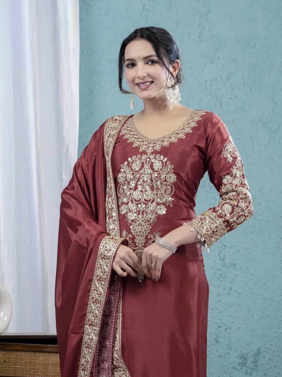 Designer Maroon Silk Suit with Intricate Coding Sequence Work