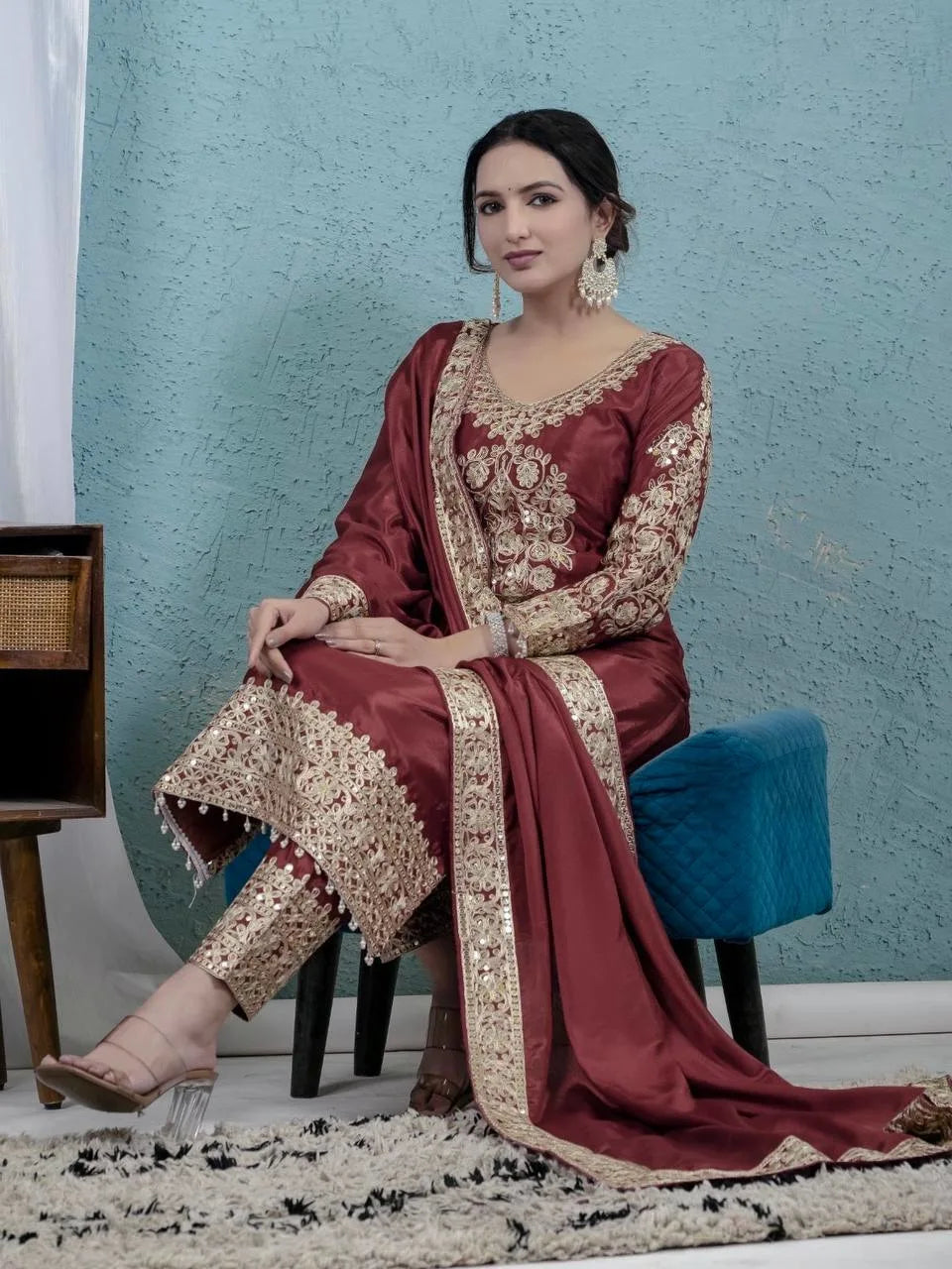 Designer Maroon Silk Suit with Intricate Coding Sequence Work