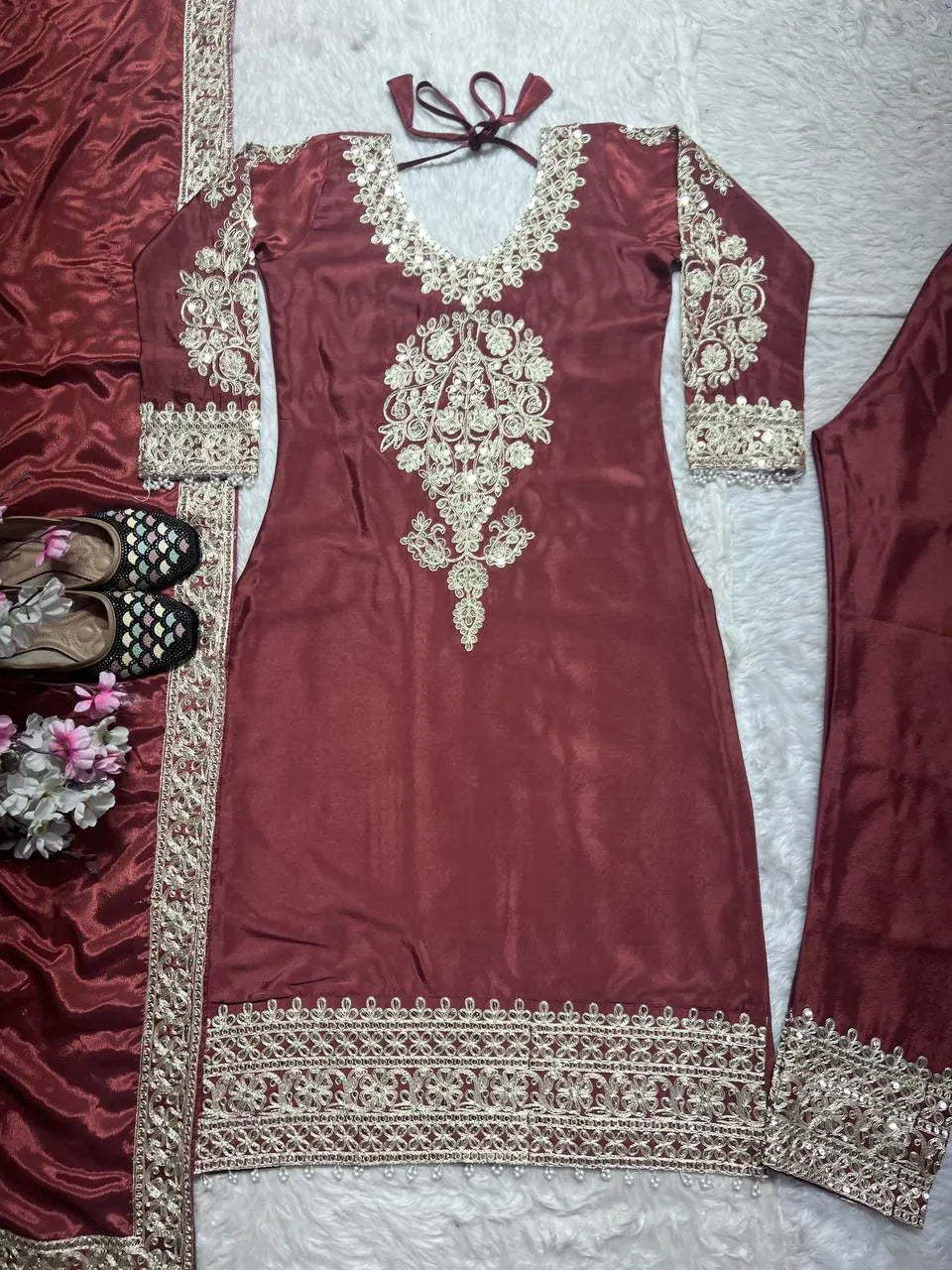 Designer Maroon Silk Suit with Intricate Coding Sequence Work