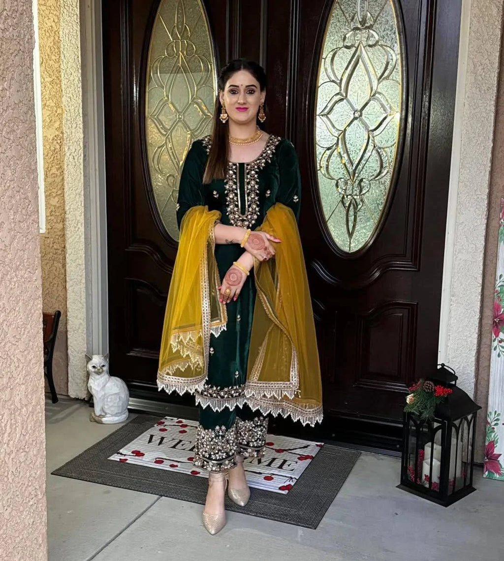 Velvet Sequin Embroidered Suit Set with Moti Lace Dupatta