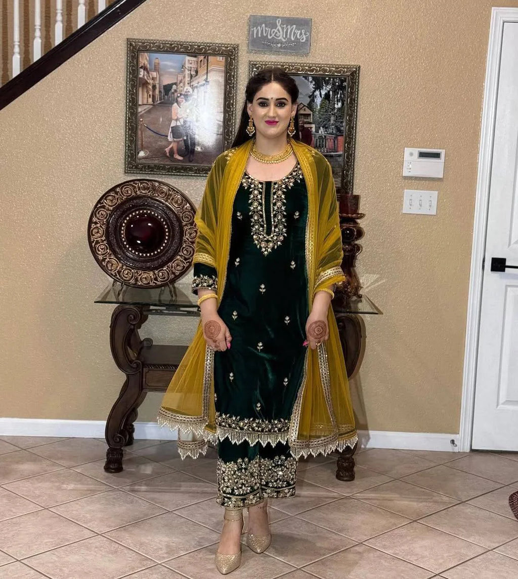 Velvet Sequin Embroidered Suit Set with Moti Lace Dupatta