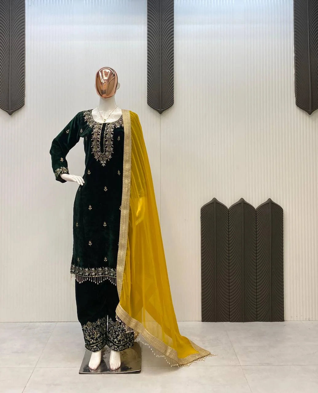 Velvet Sequin Embroidered Suit Set with Moti Lace Dupatta