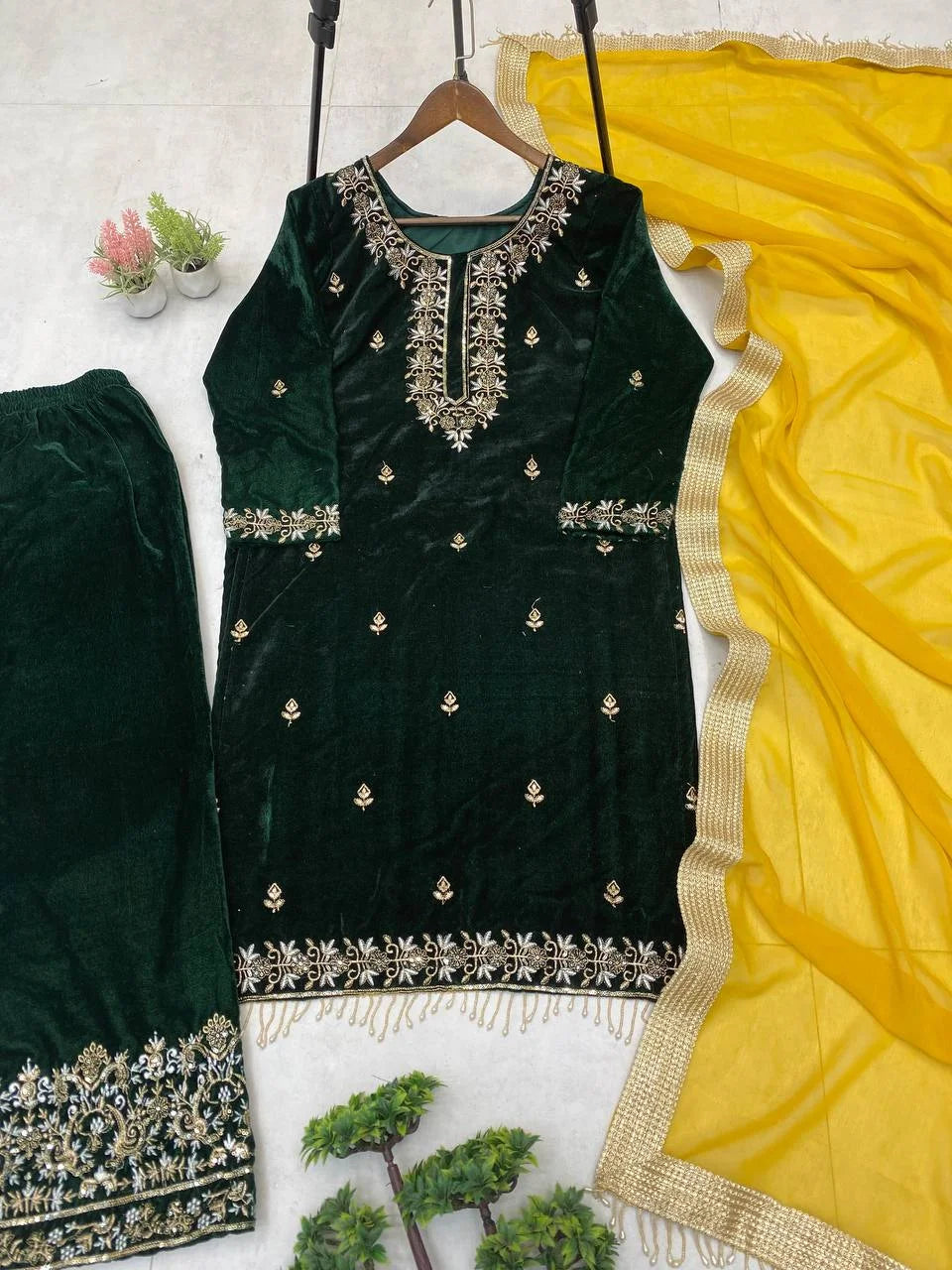 Velvet Sequin Embroidered Suit Set with Moti Lace Dupatta
