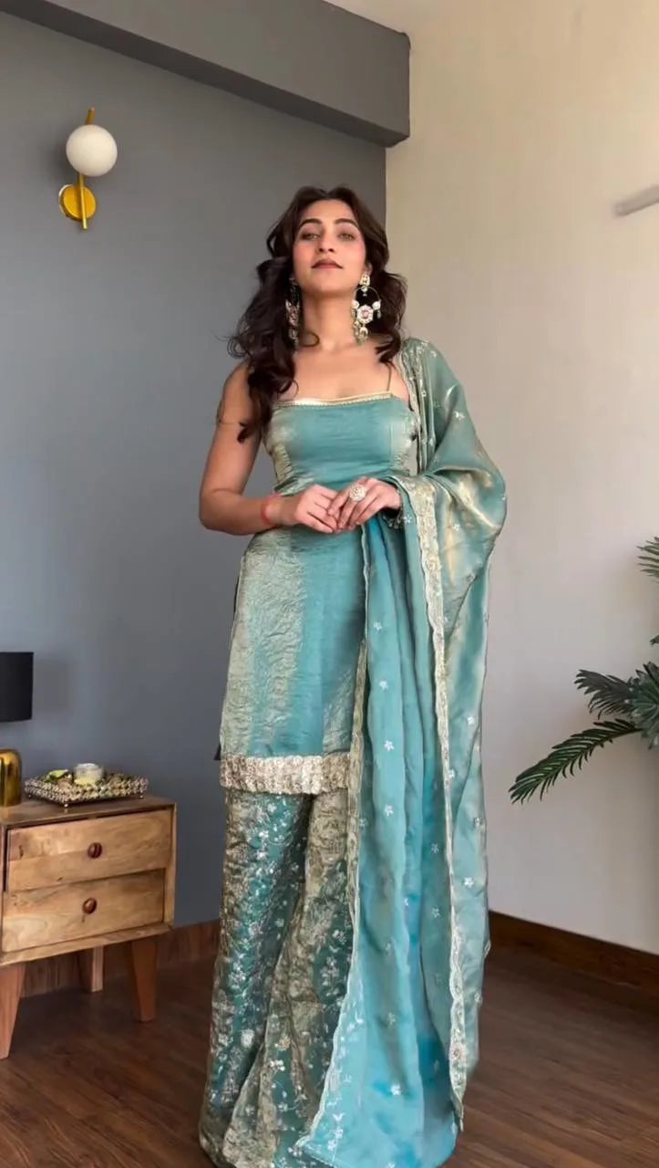 Modern Ethnic Elegance: Fendy Silk Top Palazzo Set with Detailed Dupatta