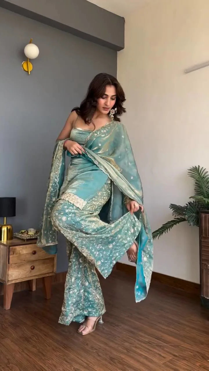 Modern Ethnic Elegance: Fendy Silk Top Palazzo Set with Detailed Dupatta