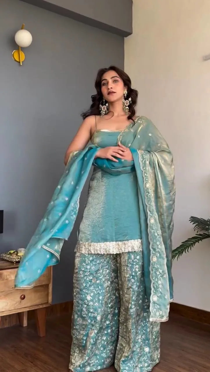 Modern Ethnic Elegance: Fendy Silk Top Palazzo Set with Detailed Dupatta