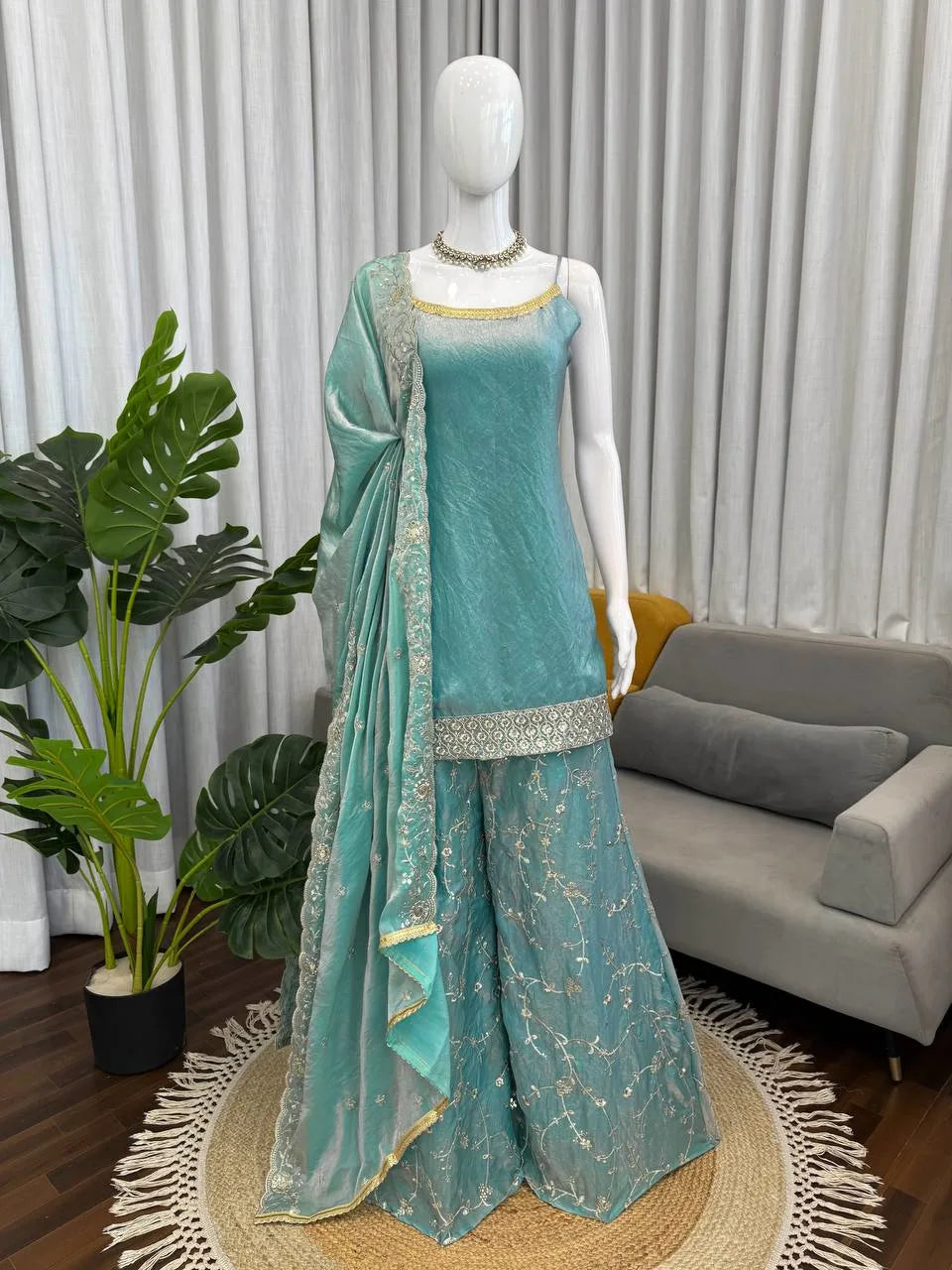 Modern Ethnic Elegance: Fendy Silk Top Palazzo Set with Detailed Dupatta