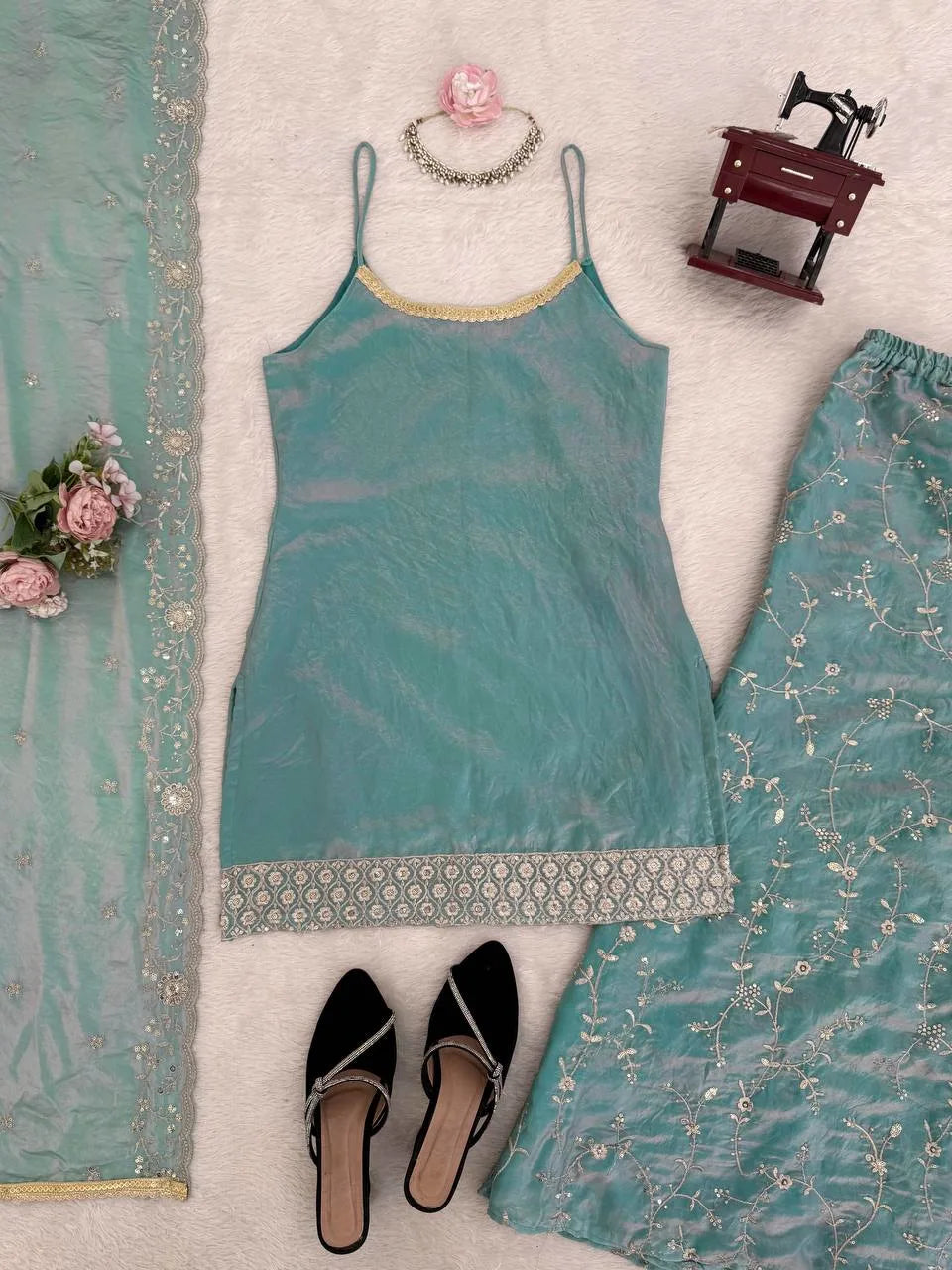 Modern Ethnic Elegance: Fendy Silk Top Palazzo Set with Detailed Dupatta