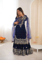 Premium Velvet Sharara Set with Dori, Sequin & Pearl Work