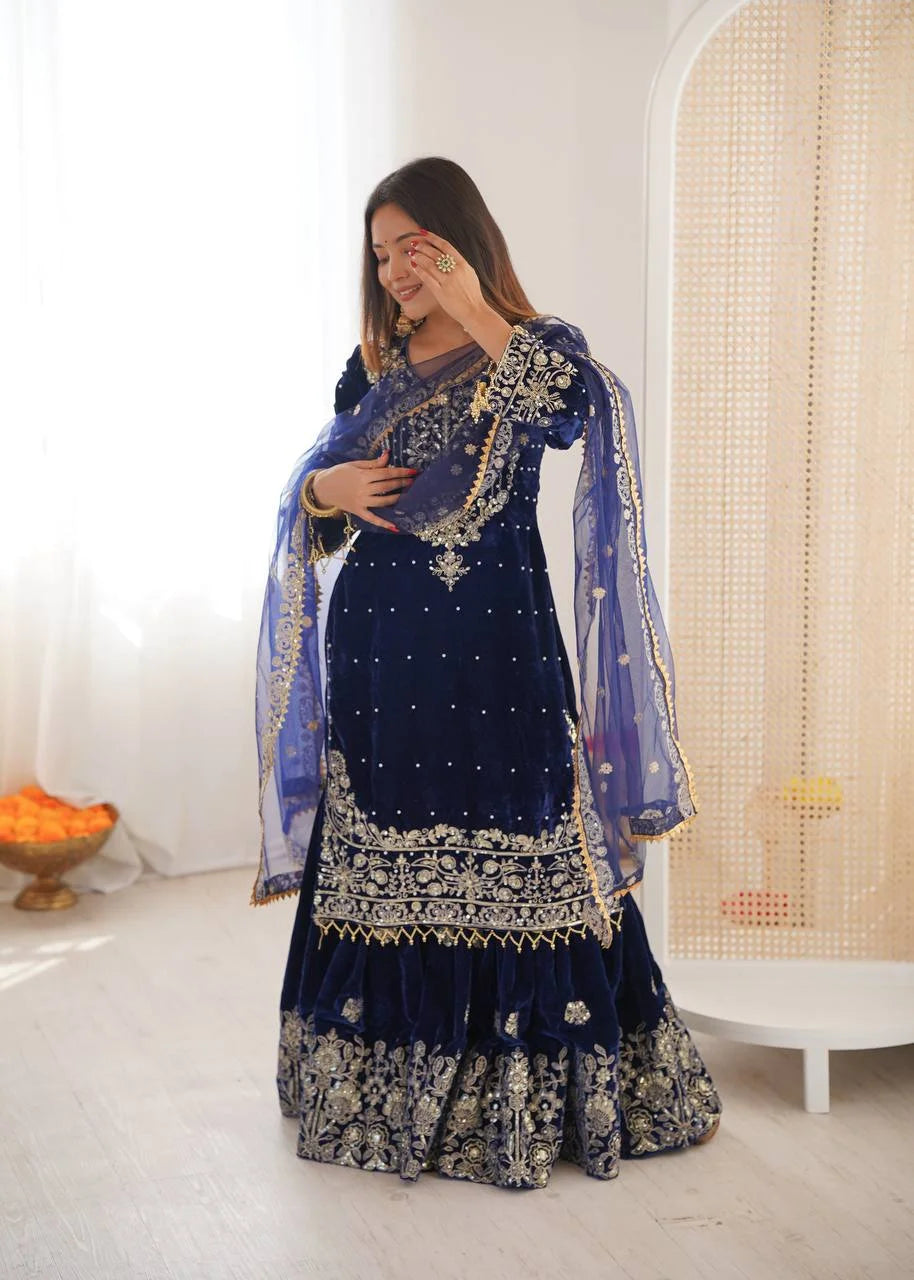 Premium Velvet Sharara Set with Dori, Sequin & Pearl Work