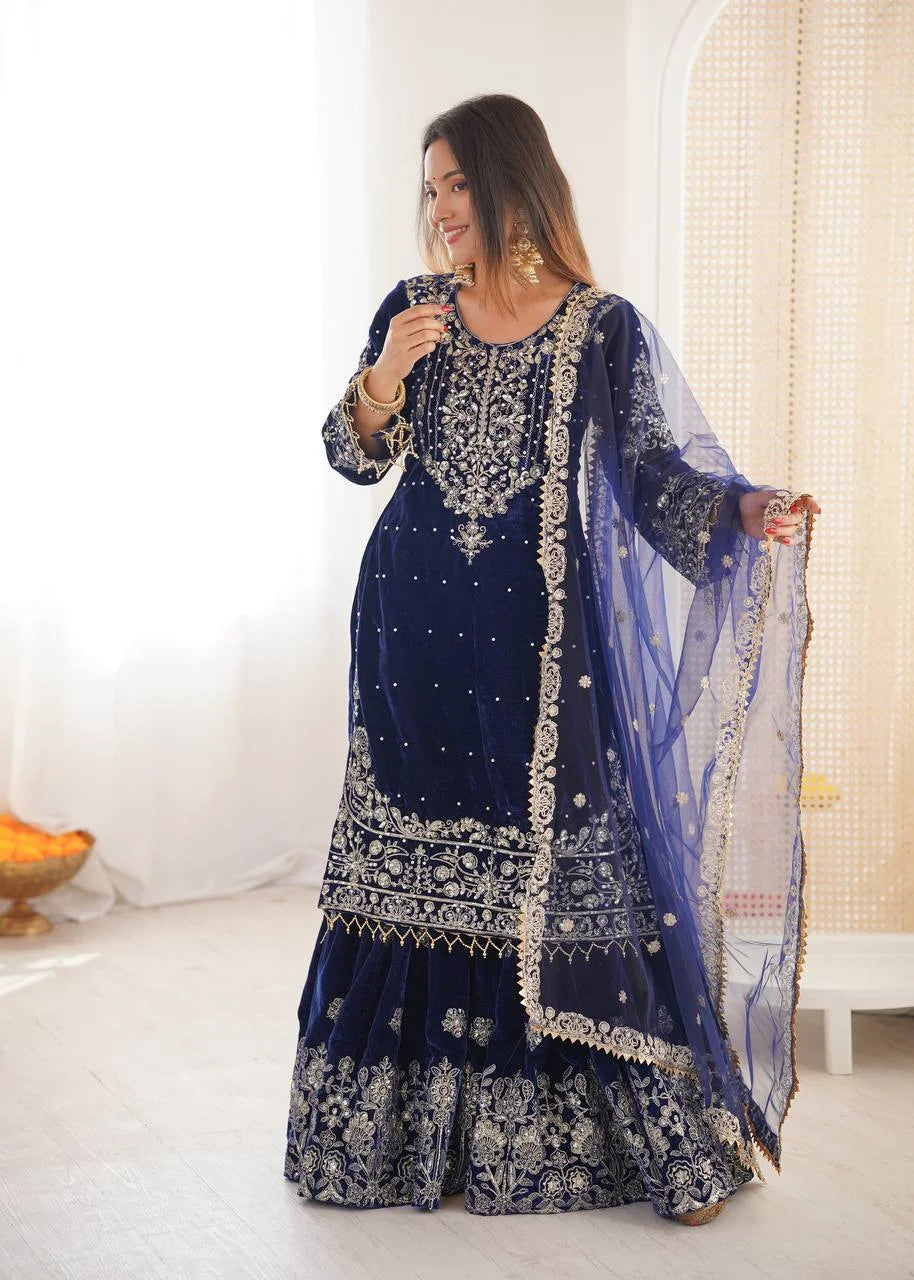 Premium Velvet Sharara Set with Dori, Sequin & Pearl Work