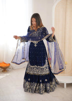 Premium Velvet Sharara Set with Dori, Sequin & Pearl Work