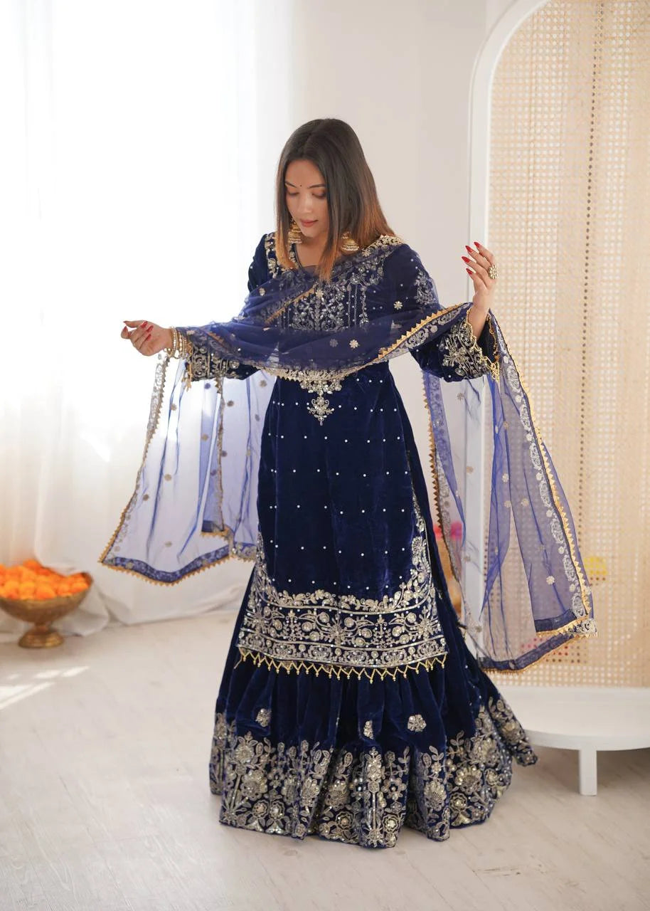Premium Velvet Sharara Set with Dori, Sequin & Pearl Work
