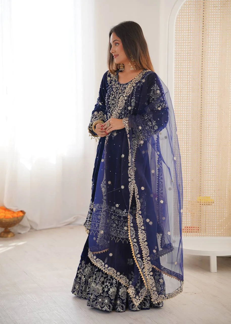 Premium Velvet Sharara Set with Dori, Sequin & Pearl Work