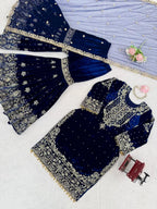 Premium Velvet Sharara Set with Dori, Sequin & Pearl Work
