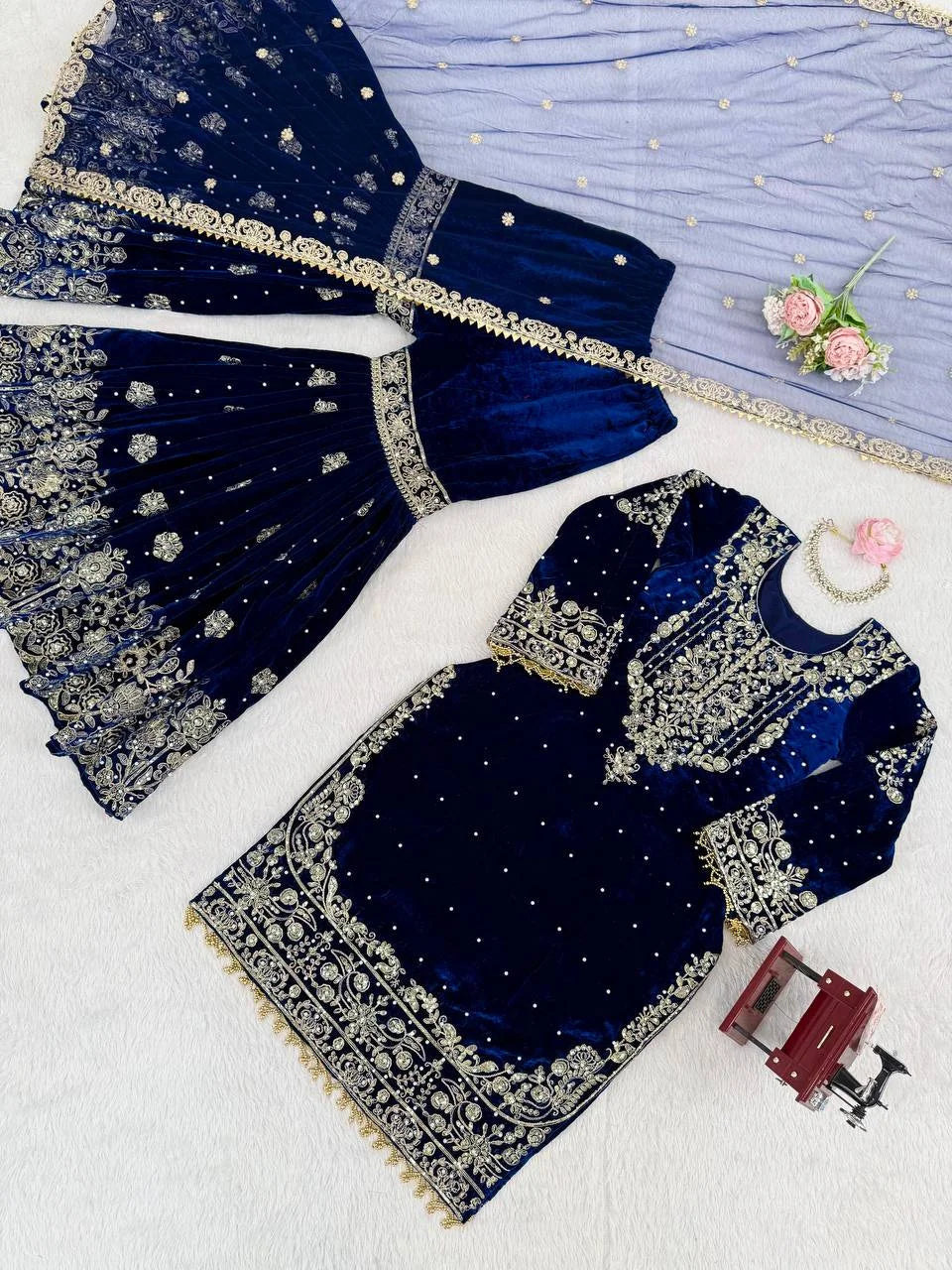 Premium Velvet Sharara Set with Dori, Sequin & Pearl Work