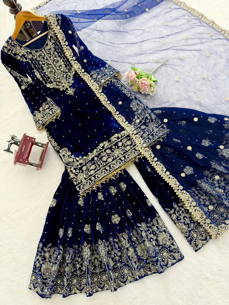 Premium Velvet Sharara Set with Dori, Sequin & Pearl Work