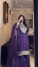 Faux Georgette Coding Work Plazzo Set With Butterfly Net Dupatta