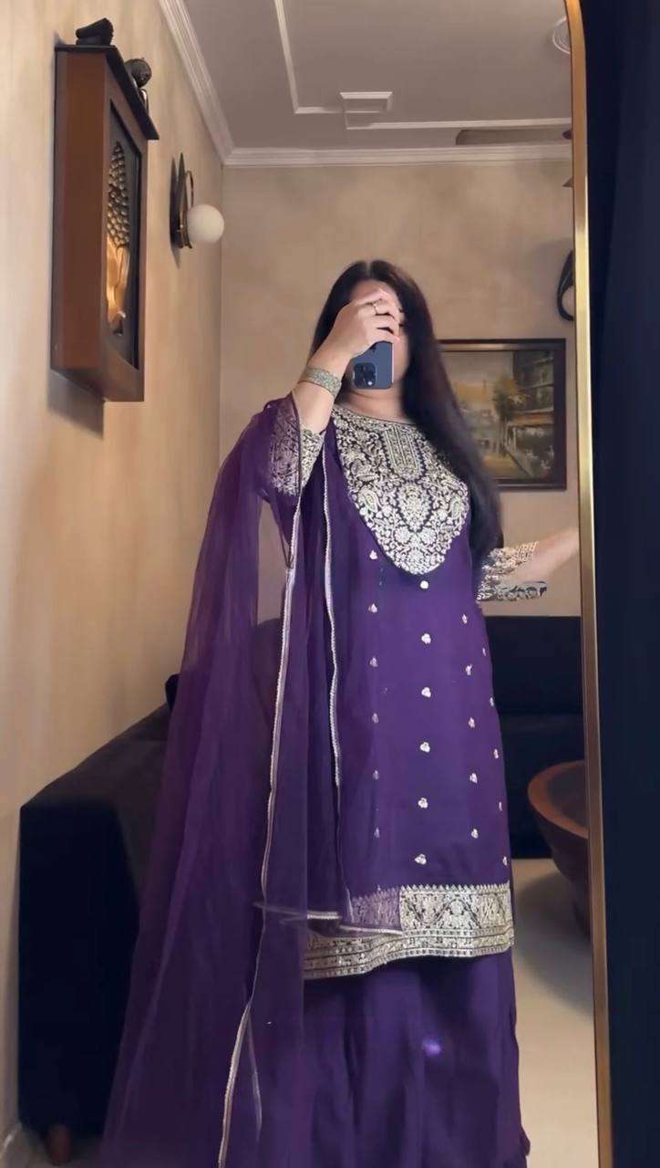 Faux Georgette Coding Work Plazzo Set With Butterfly Net Dupatta