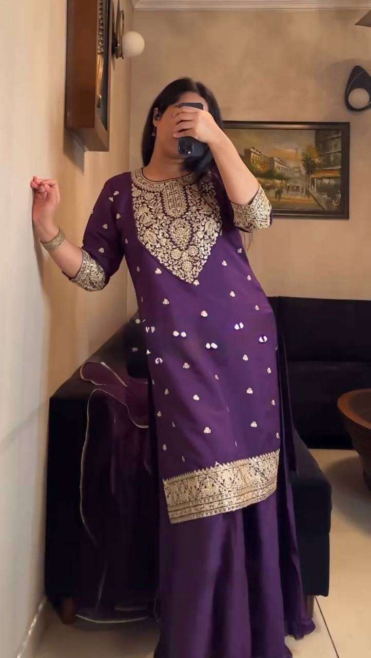 Faux Georgette Coding Work Plazzo Set With Butterfly Net Dupatta