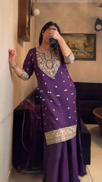 Faux Georgette Coding Work Plazzo Set With Butterfly Net Dupatta