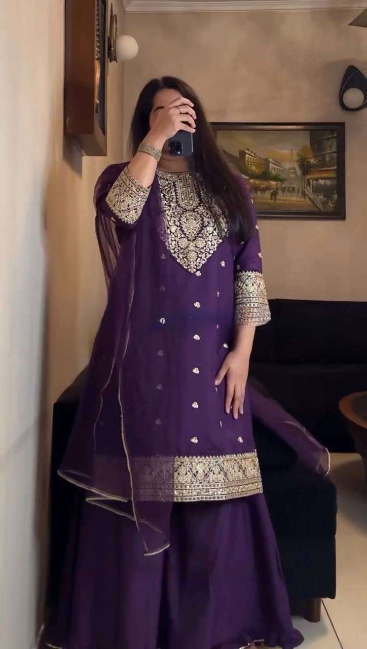 Faux Georgette Coding Work Plazzo Set With Butterfly Net Dupatta
