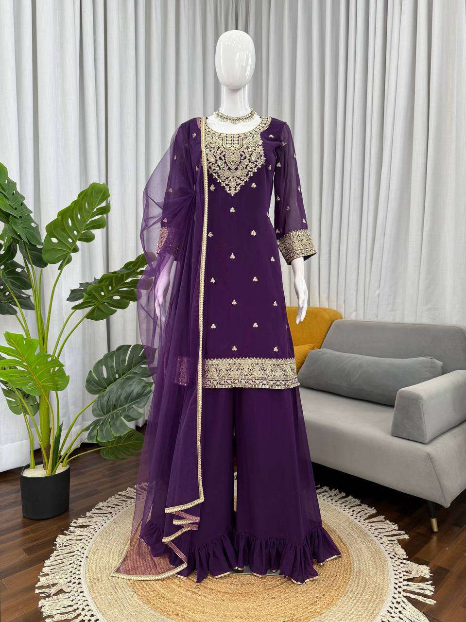 Faux Georgette Coding Work Plazzo Set With Butterfly Net Dupatta