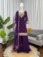 Faux Georgette Coding Work Plazzo Set With Butterfly Net Dupatta