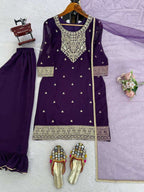 Faux Georgette Coding Work Plazzo Set With Butterfly Net Dupatta