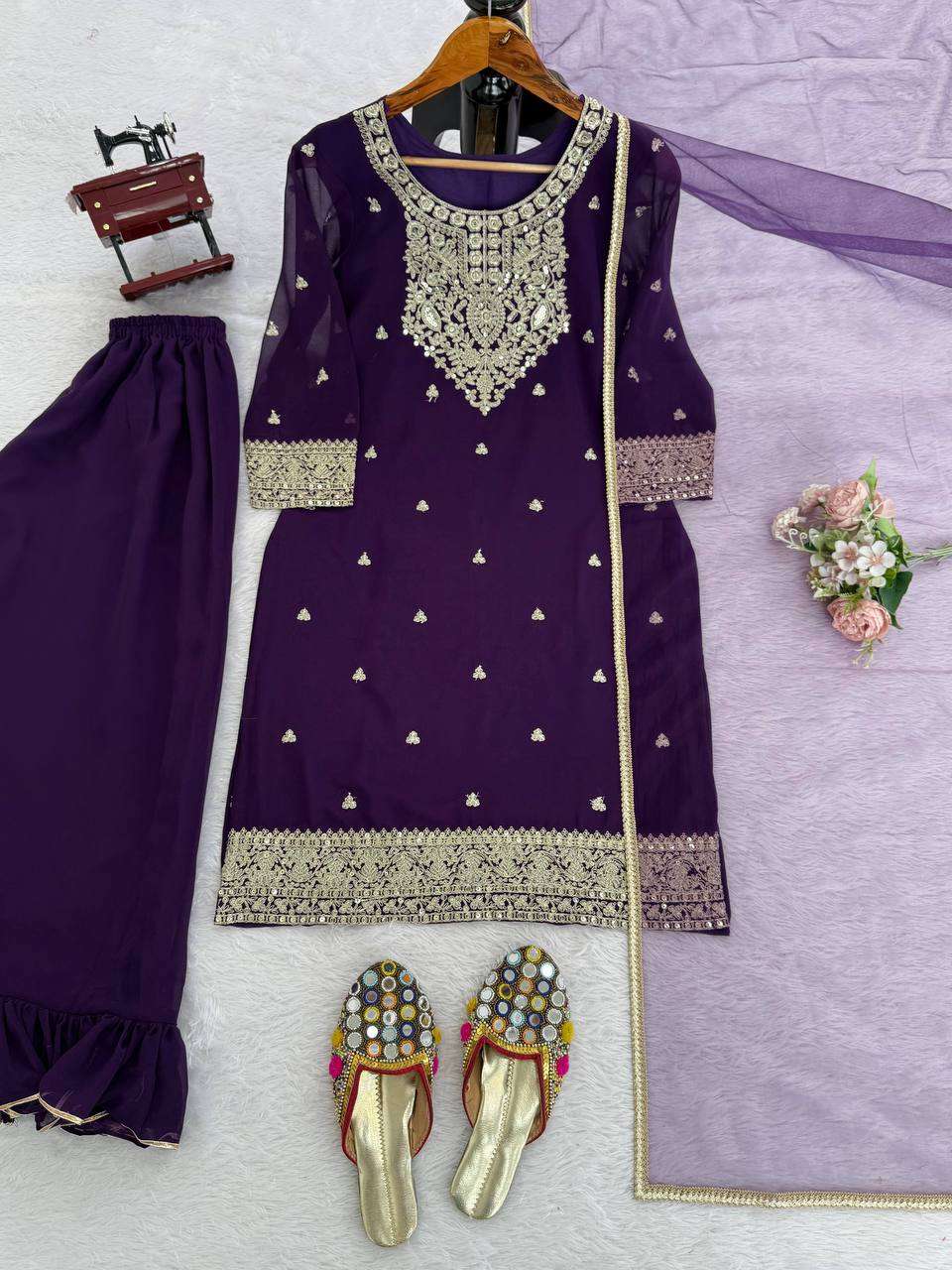 Faux Georgette Coding Work Plazzo Set With Butterfly Net Dupatta