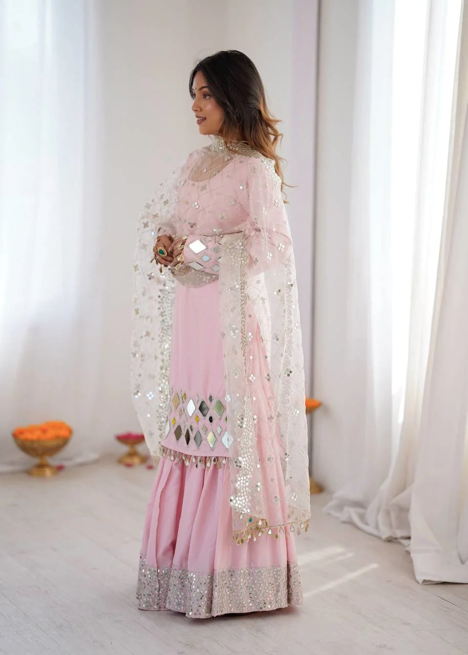 Baby Pink Mirror Work Sharara Set with Net Dupatta