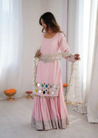 Baby Pink Mirror Work Sharara Set with Net Dupatta
