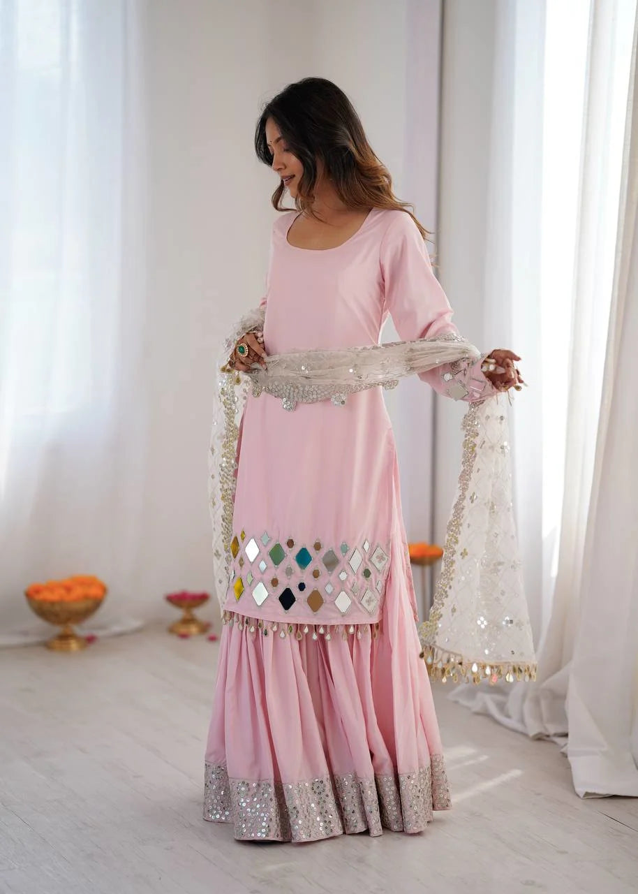 Baby Pink Mirror Work Sharara Set with Net Dupatta