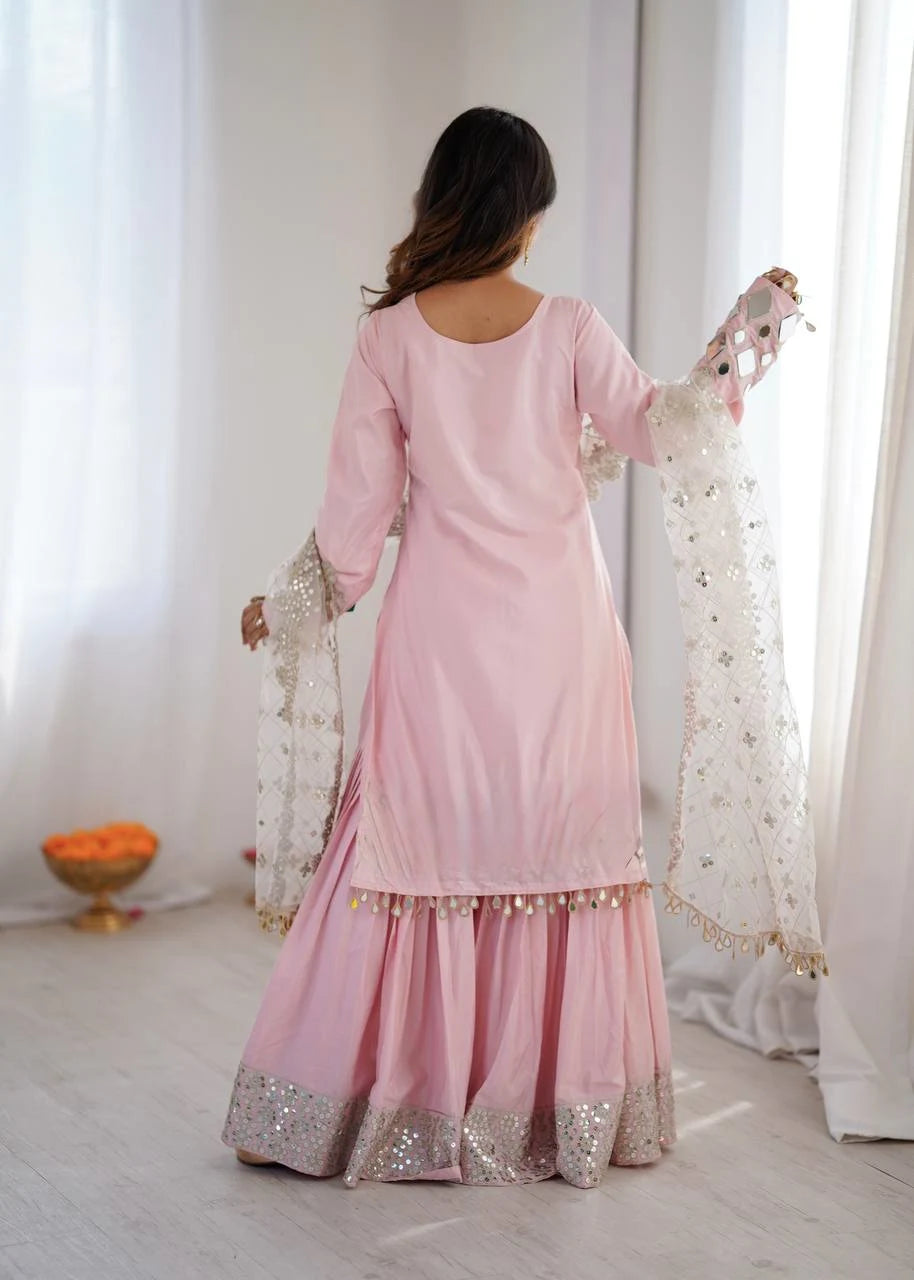 Baby Pink Mirror Work Sharara Set with Net Dupatta
