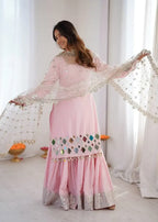 Baby Pink Mirror Work Sharara Set with Net Dupatta