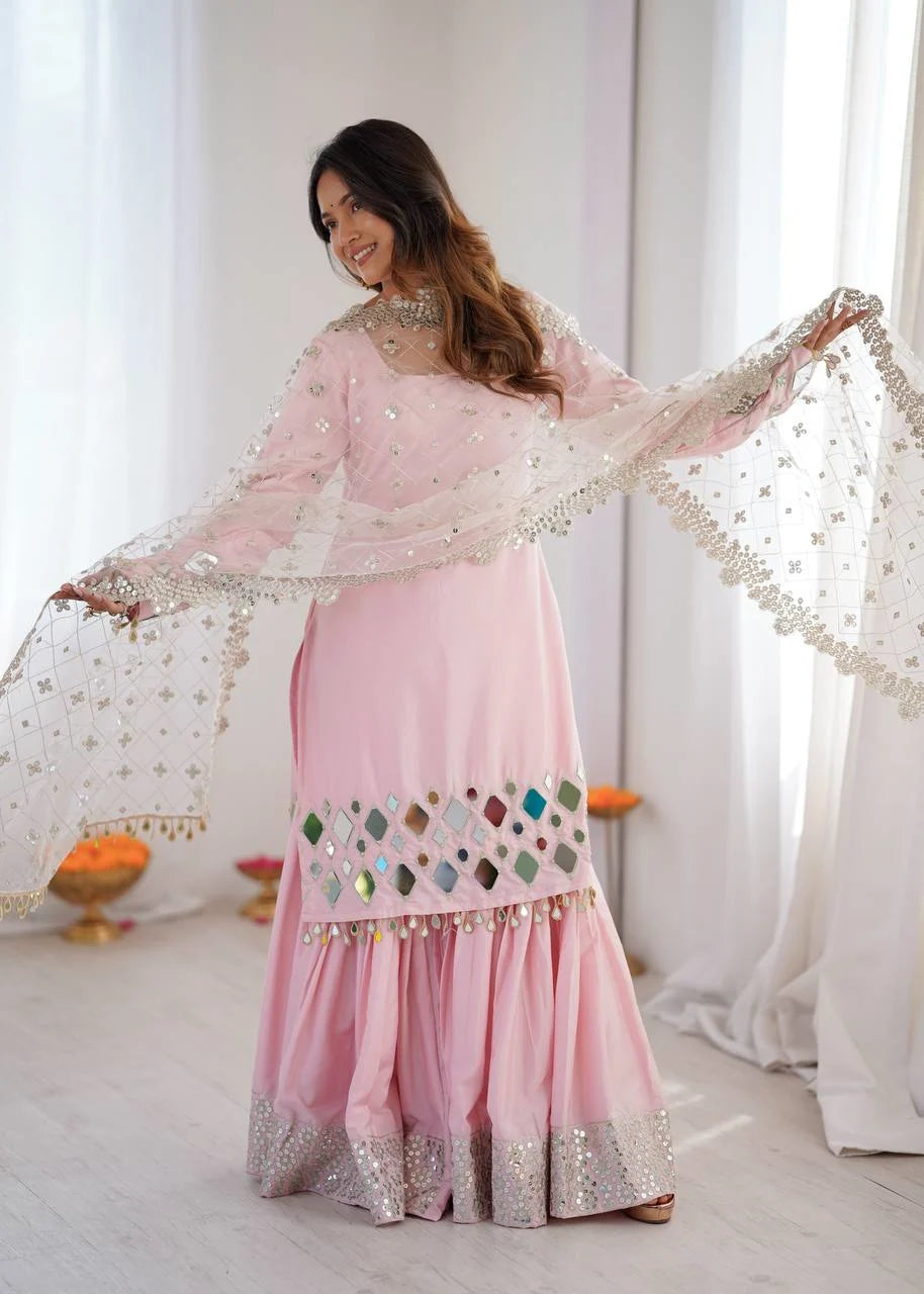Baby Pink Mirror Work Sharara Set with Net Dupatta