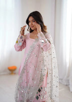 Baby Pink Mirror Work Sharara Set with Net Dupatta
