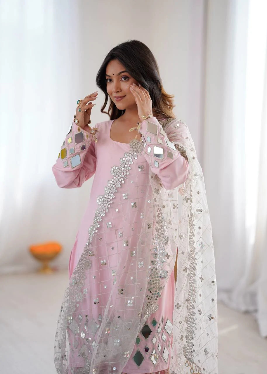 Baby Pink Mirror Work Sharara Set with Net Dupatta