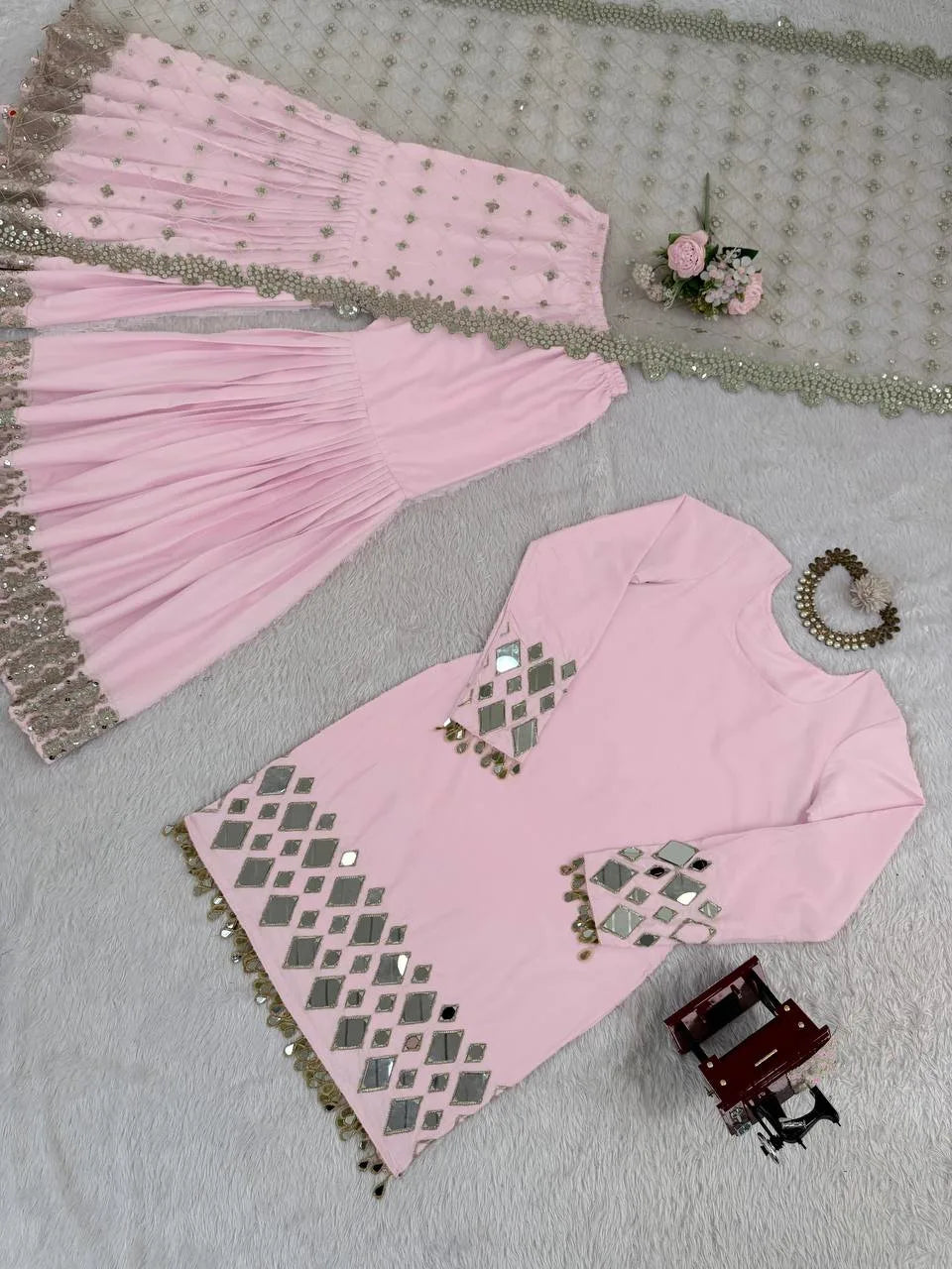 Baby Pink Mirror Work Sharara Set with Net Dupatta