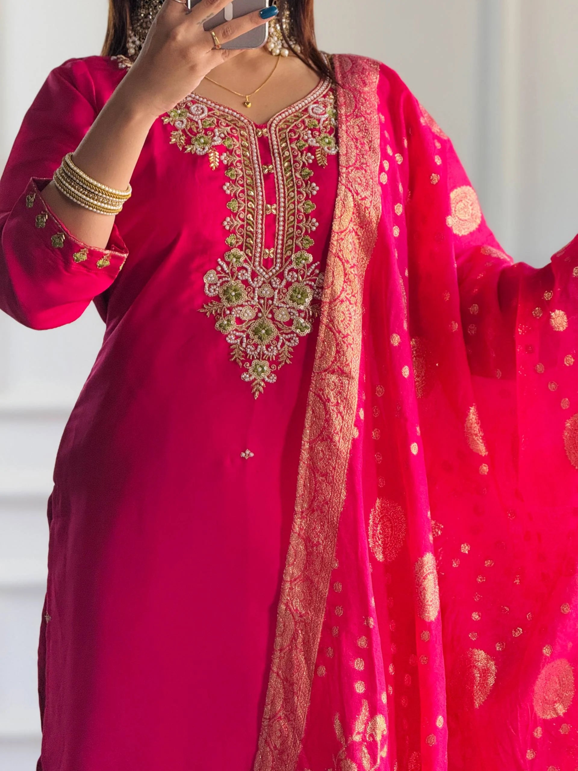 Pure Roman Silk Top & Bottom With Heavy Work & Jacquard Dupatta