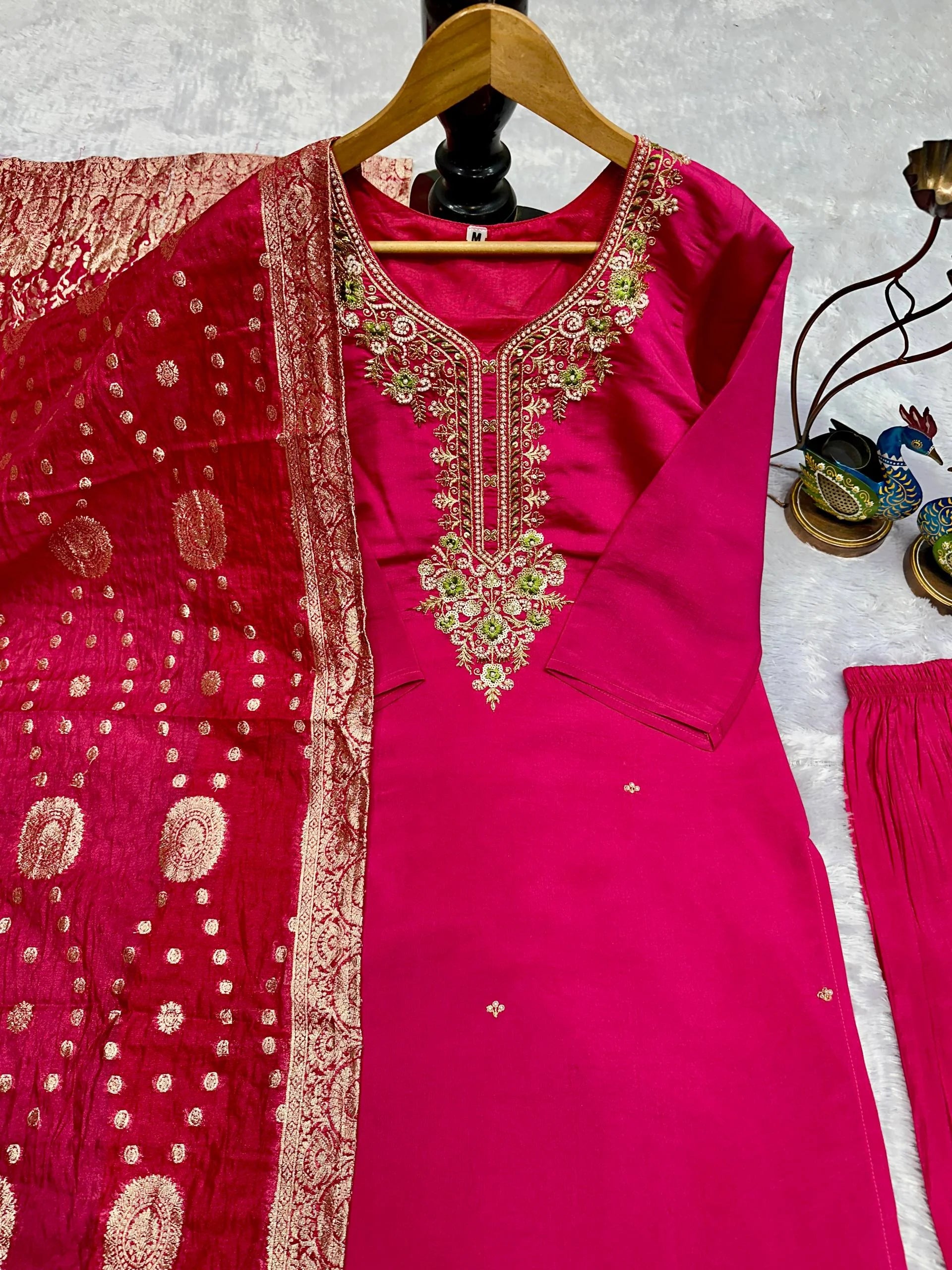 Pure Roman Silk Top & Bottom With Heavy Work & Jacquard Dupatta