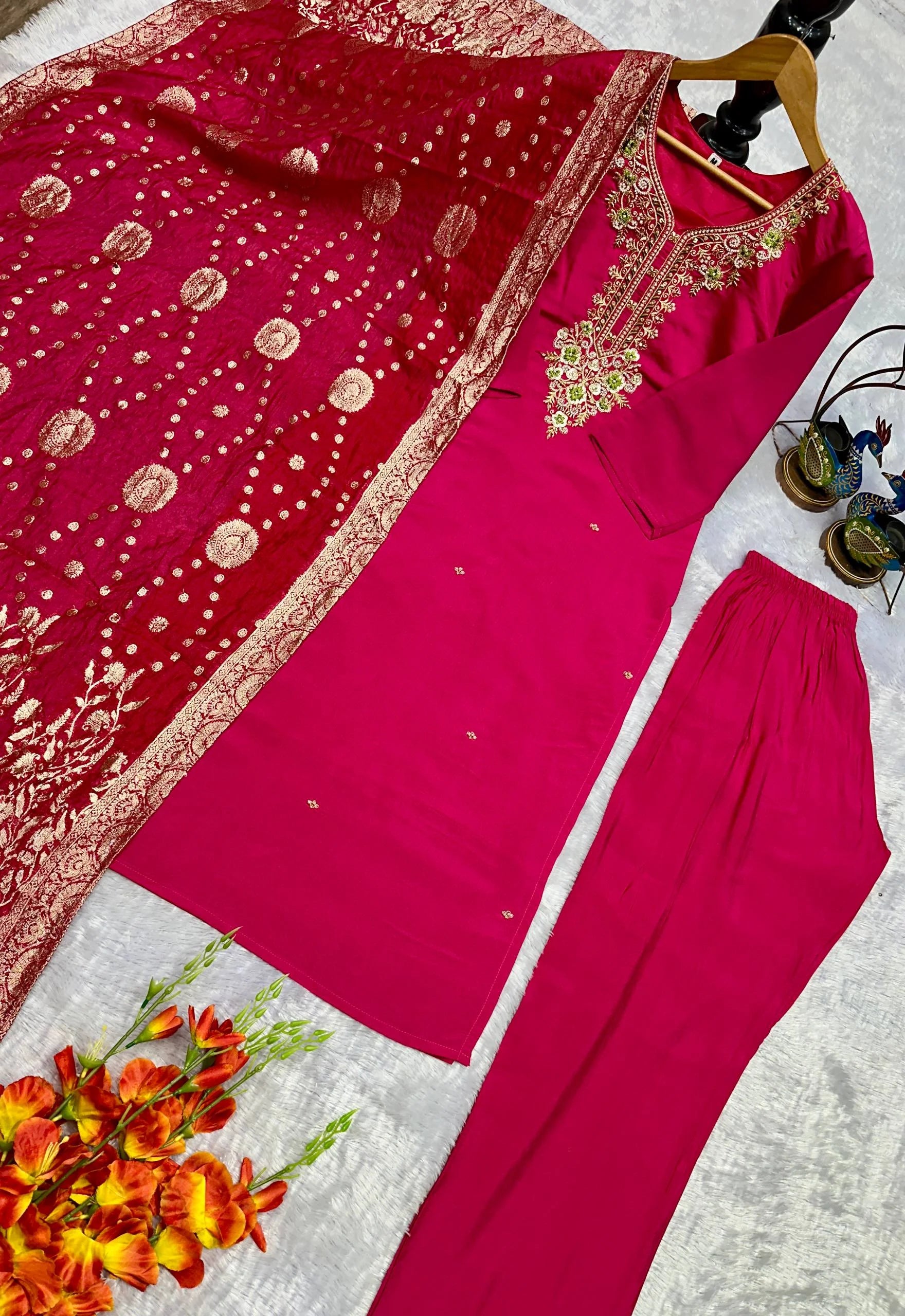Pure Roman Silk Top & Bottom With Heavy Work & Jacquard Dupatta