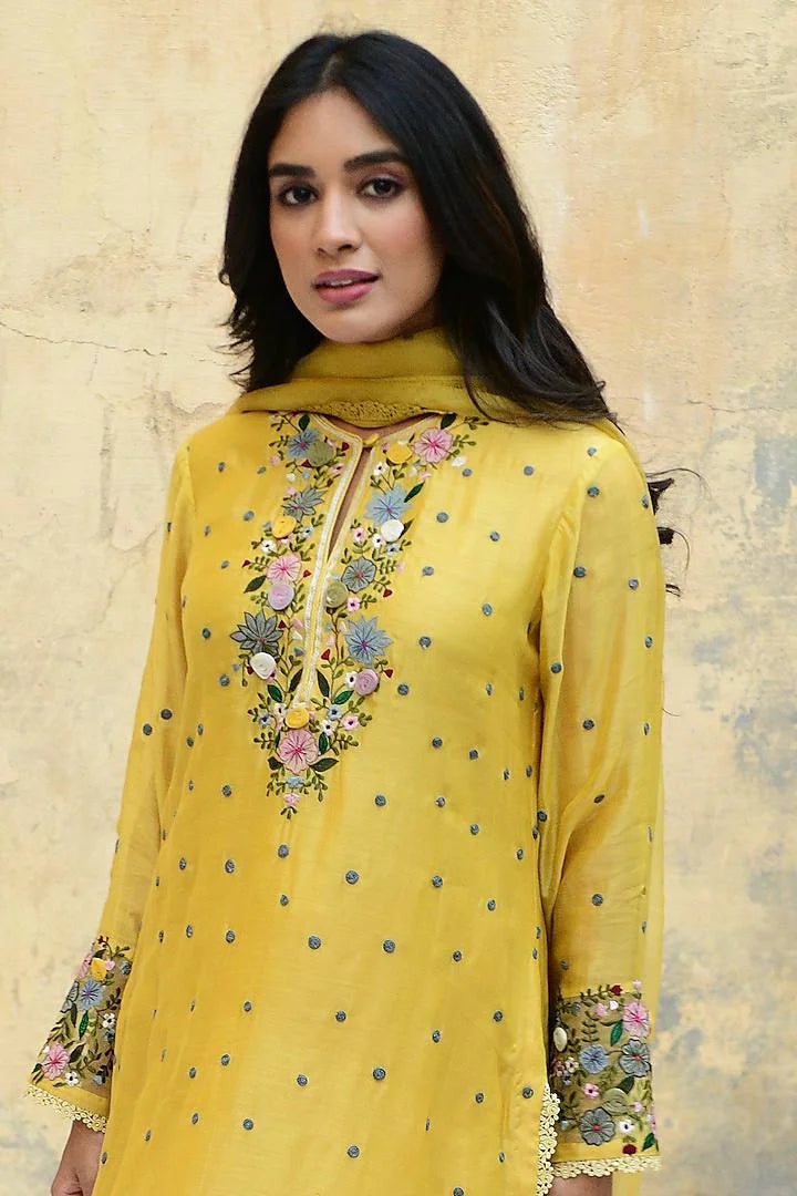 Premium Faux Georgette Embroidery Set with Top, Pant & Dupatta
