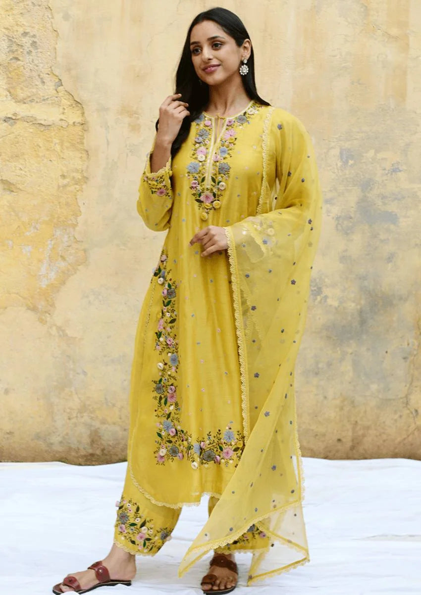 Premium Faux Georgette Embroidery Set with Top, Pant & Dupatta