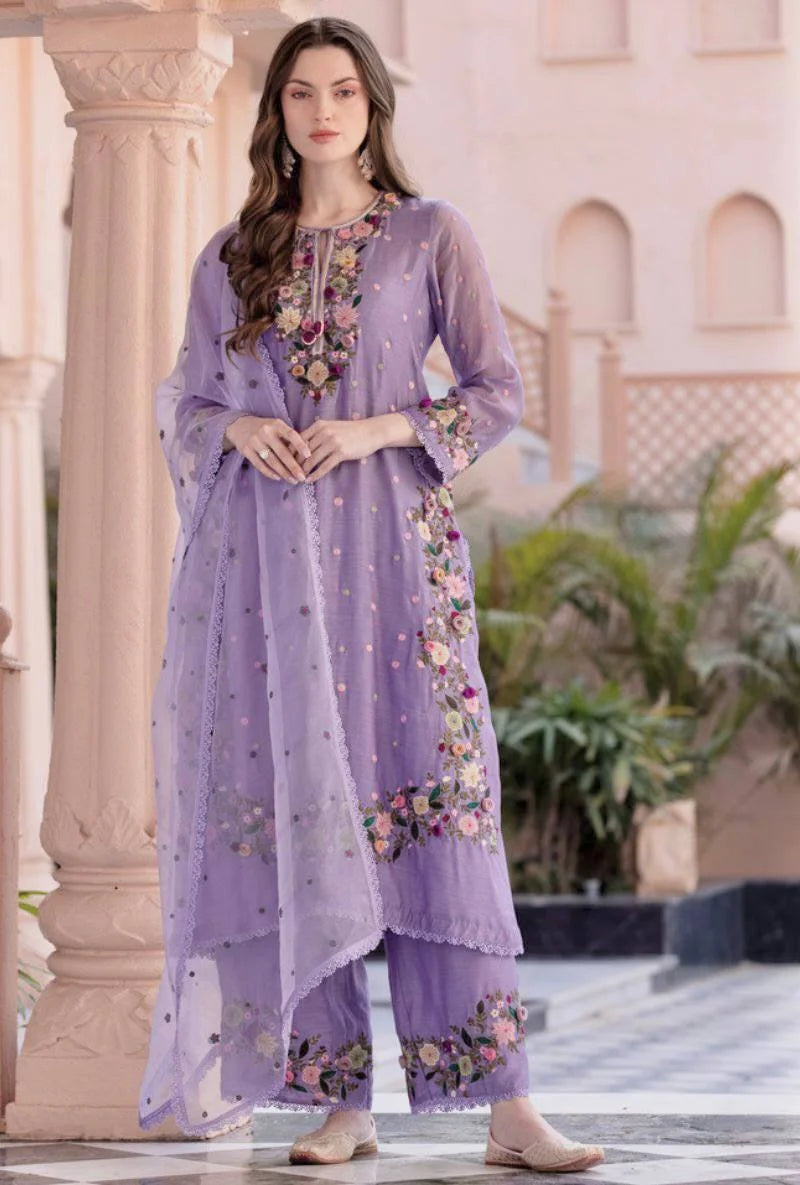 Luxury Embroidered Georgette Ensemble | Full Length Top & Plazzo Set