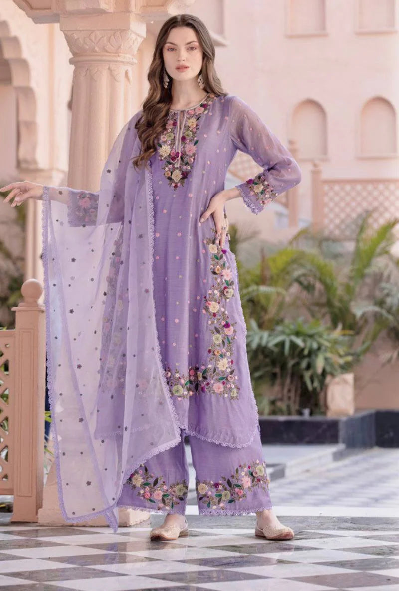 Luxury Embroidered Georgette Ensemble | Full Length Top & Plazzo Set
